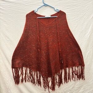 Love Tree Rust Dark Orange-Brown Terracotta Fringe Poncho Sweater One Size OS